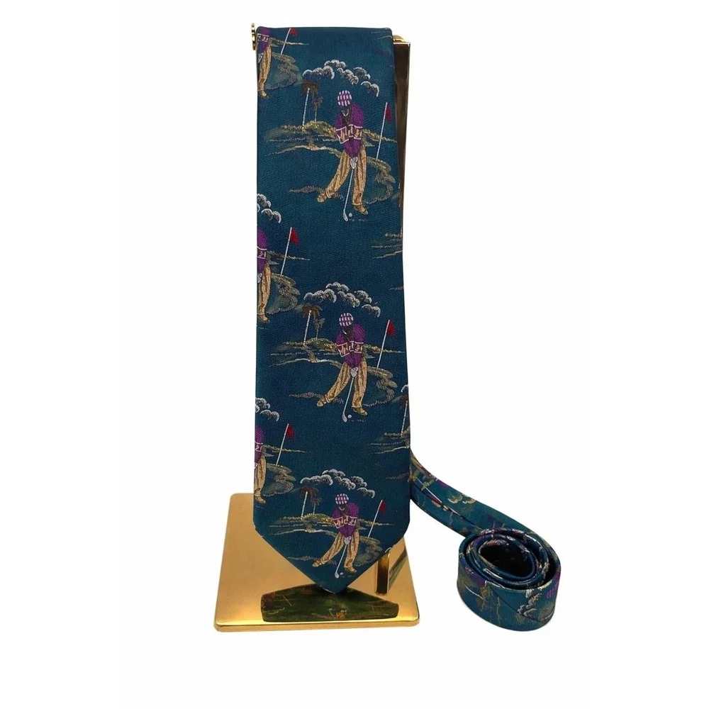 Nautica Golf Novelty Silk Tie Made USA Teal Green Golfer Print Mens‎